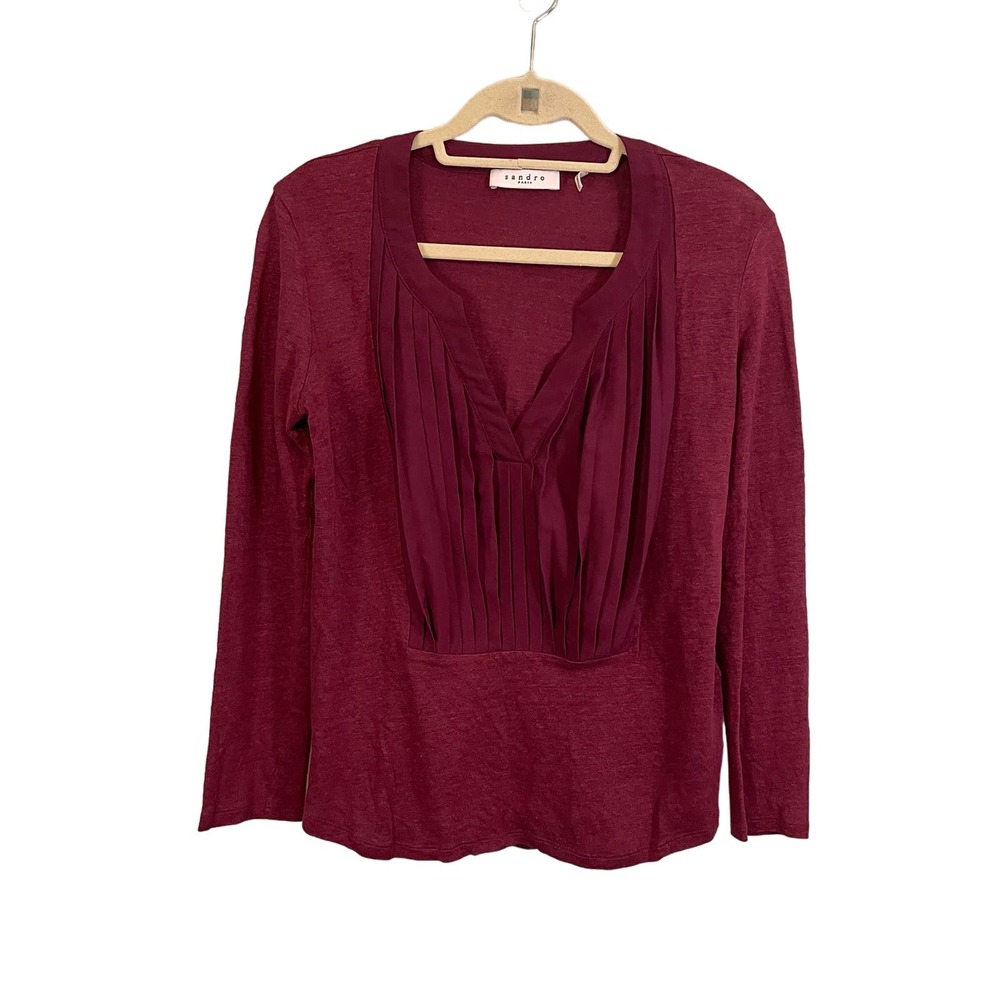 Sandro Paris Women Burgundy Notch Neck Long Sleeve Pleated Pullover Blouse Large